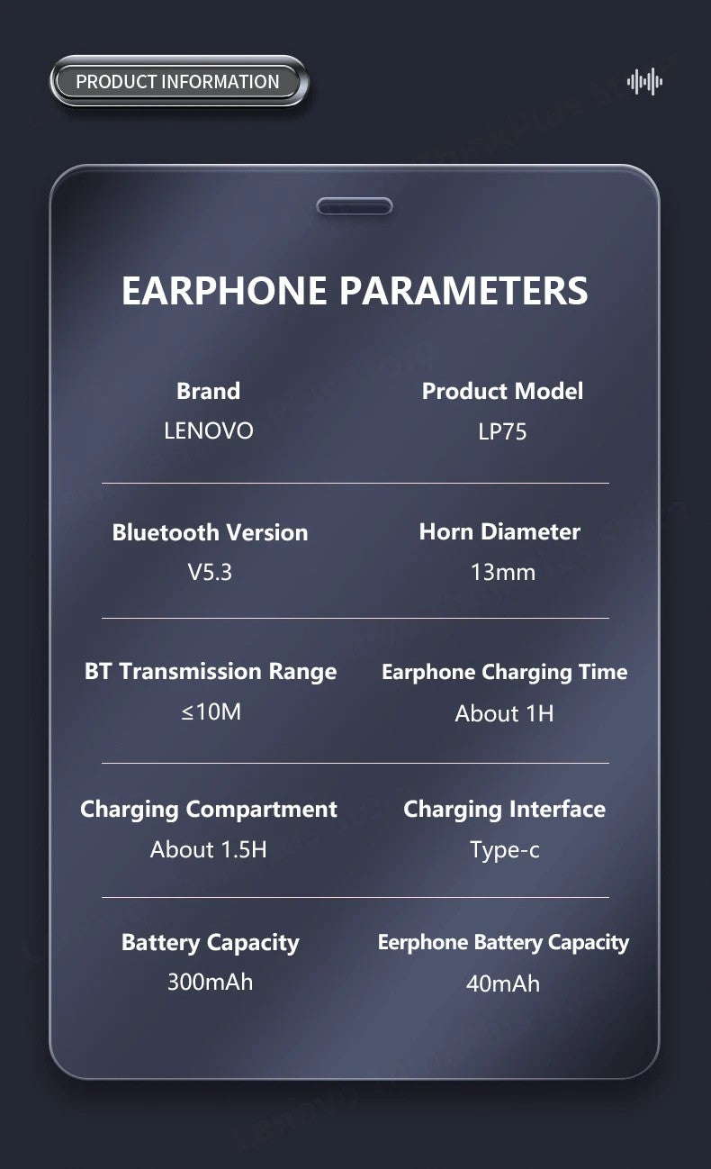 Lenovo PowerBass LP75 - Fones Bluetooth V5.3 com Display LED e Redução de Ruído