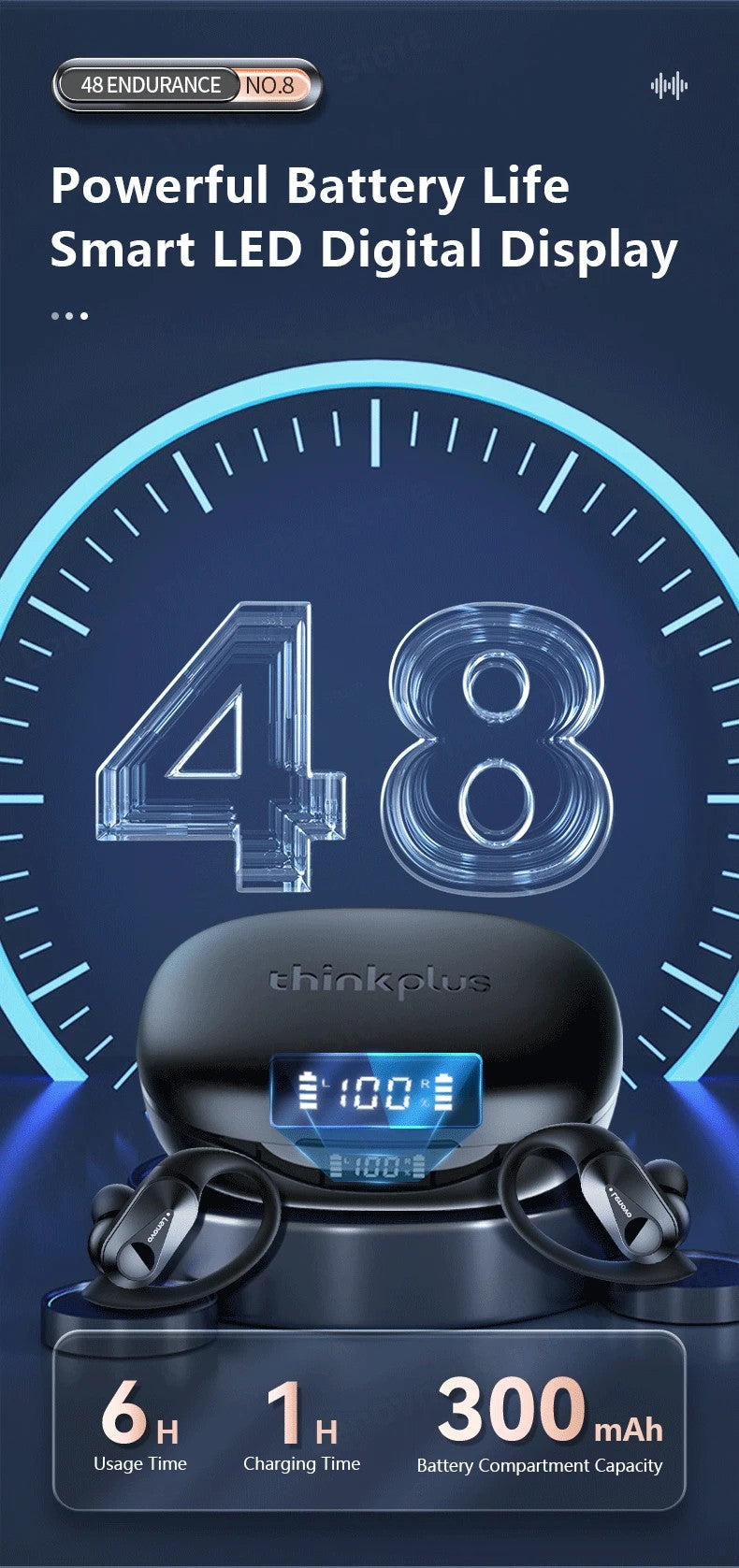 Lenovo PowerBass LP75 - Fones Bluetooth V5.3 com Display LED e Redução de Ruído