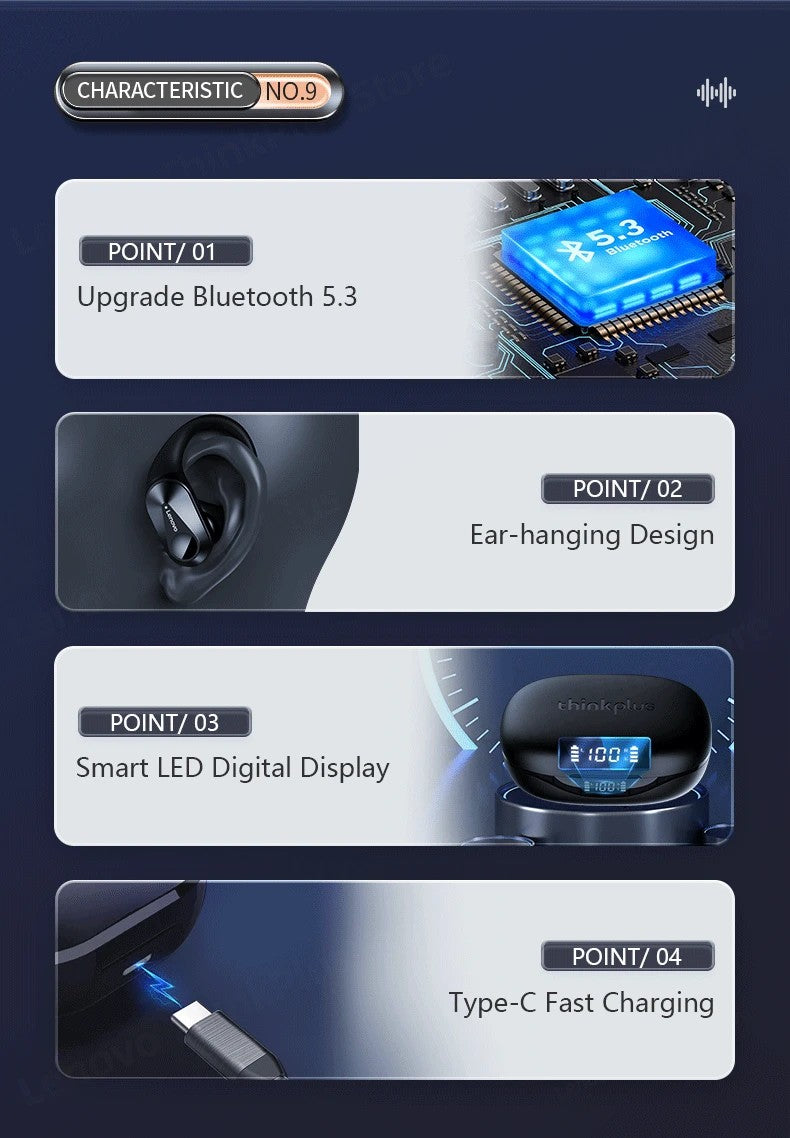 Lenovo PowerBass LP75 - Fones Bluetooth V5.3 com Display LED e Redução de Ruído